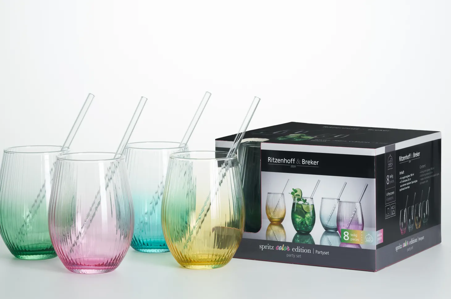 Trinkgläser-Set Spritz Color Edition | 8-teilig | 590 ml | mit Glastrinkhalmen